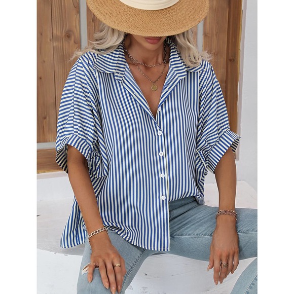 boho minimalist preppy Striped black white button up Batwing Sleeve Shirt - Picture 8 of 11